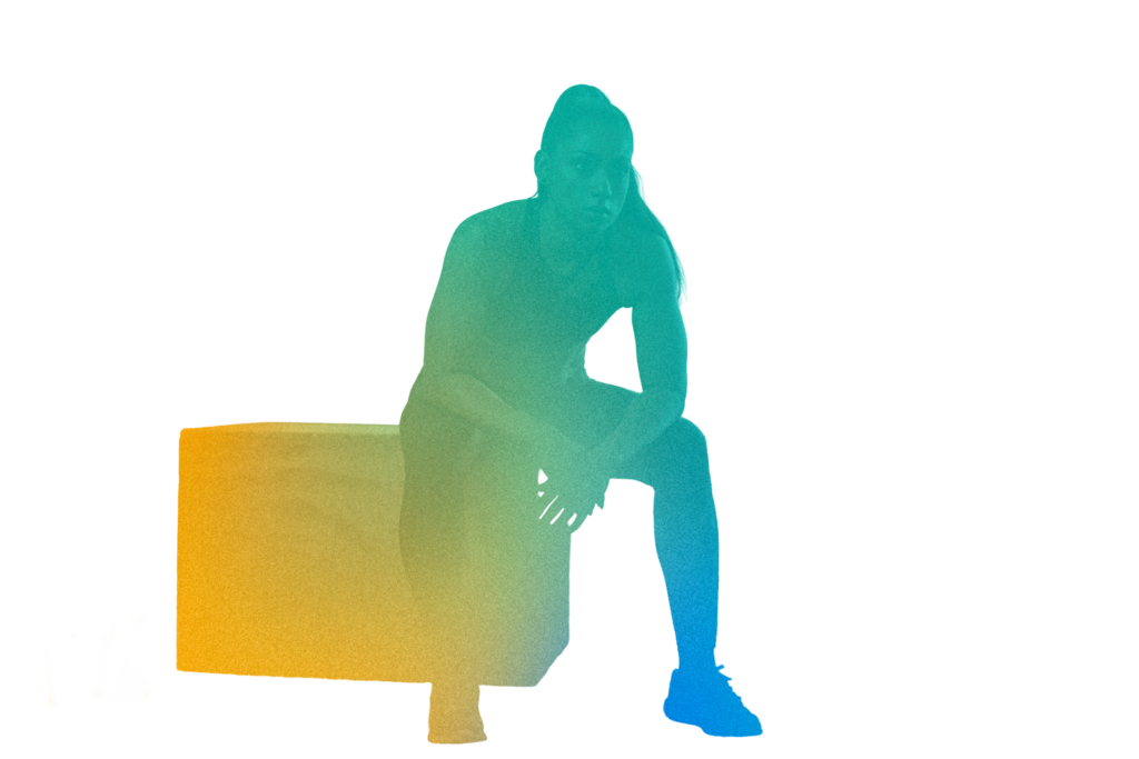Athlete sitting on a box, leaning forward, with colorful gradient overlay, black background.