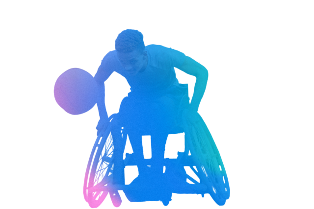 Man playing basketball in a wheelchair with a colorful gradient effect.
