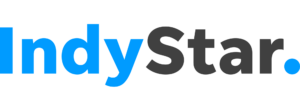 IndyStar logo featuring bold blue and black lettering on a transparent background.
