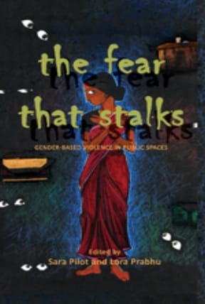 Book cover titled "The Fear That Stalks" edited by Sara Pilot and Lora Prabhu, featuring a woman in a red dress.