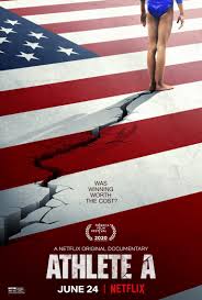 Poster of Athlete A documentary showing a gymnast on a cracked American flag background.
