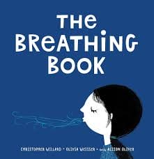 Cover of "The Breathing Book" with illustration of a child blowing, blue background and white text.