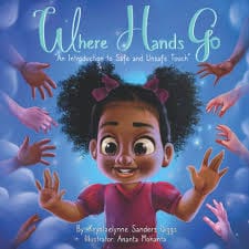 Children's book cover titled "Where Hands Go" featuring a smiling child surrounded by reaching hands.