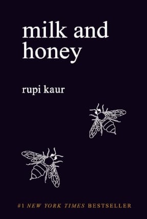 Cover of the book "Milk and Honey" by Rupi Kaur, featuring simple line drawings of two bees on a black background.