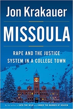 Book cover of "Missoula" by Jon Krakauer, featuring a snowy town scene at night with a prominent building and mountains.
