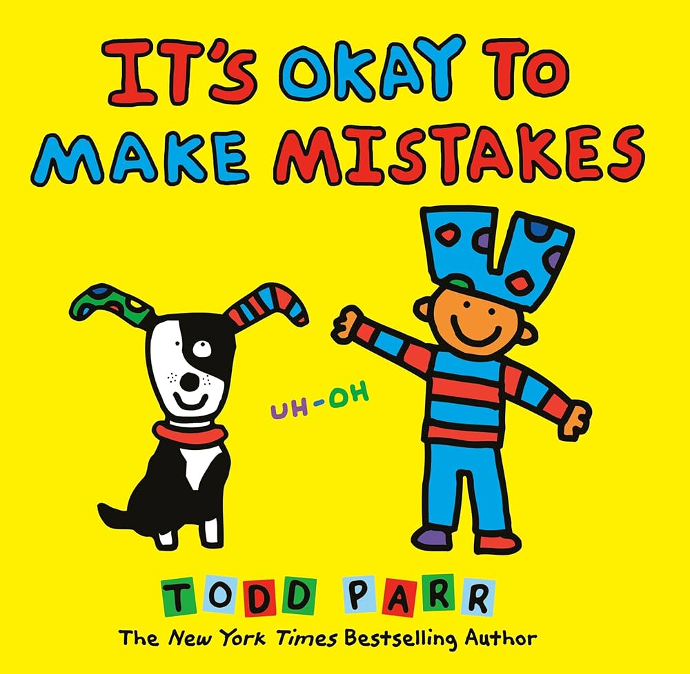 Colorful children's book cover titled "It's Okay to Make Mistakes" with cartoon dog and child.