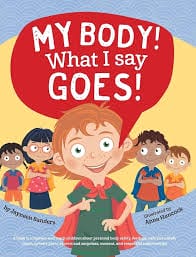 Child confidently pointing with a group of children in the background, promoting the message "My Body! What I Say Goes!"