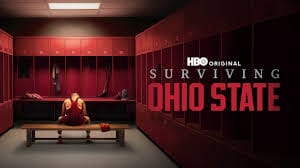 Locker room scene with a person sitting on a bench, surrounded by lockers. Text: "HBO Original: Surviving Ohio State".