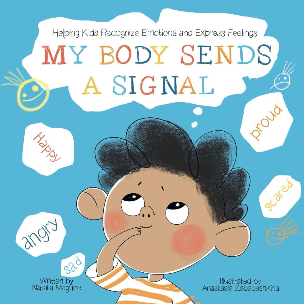 Children's book cover titled "My Body Sends a Signal" with a child thinking, surrounded by emotion words.