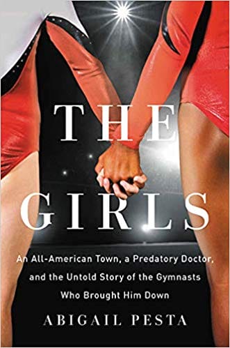Two gymnasts holding hands with "The Girls" book title and subtitle about an All-American town and a predatory doctor.