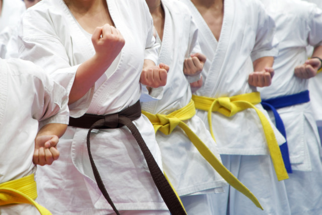 Martial arts students in white uniforms showing fists, wearing belts of different colors indicating rank or level.