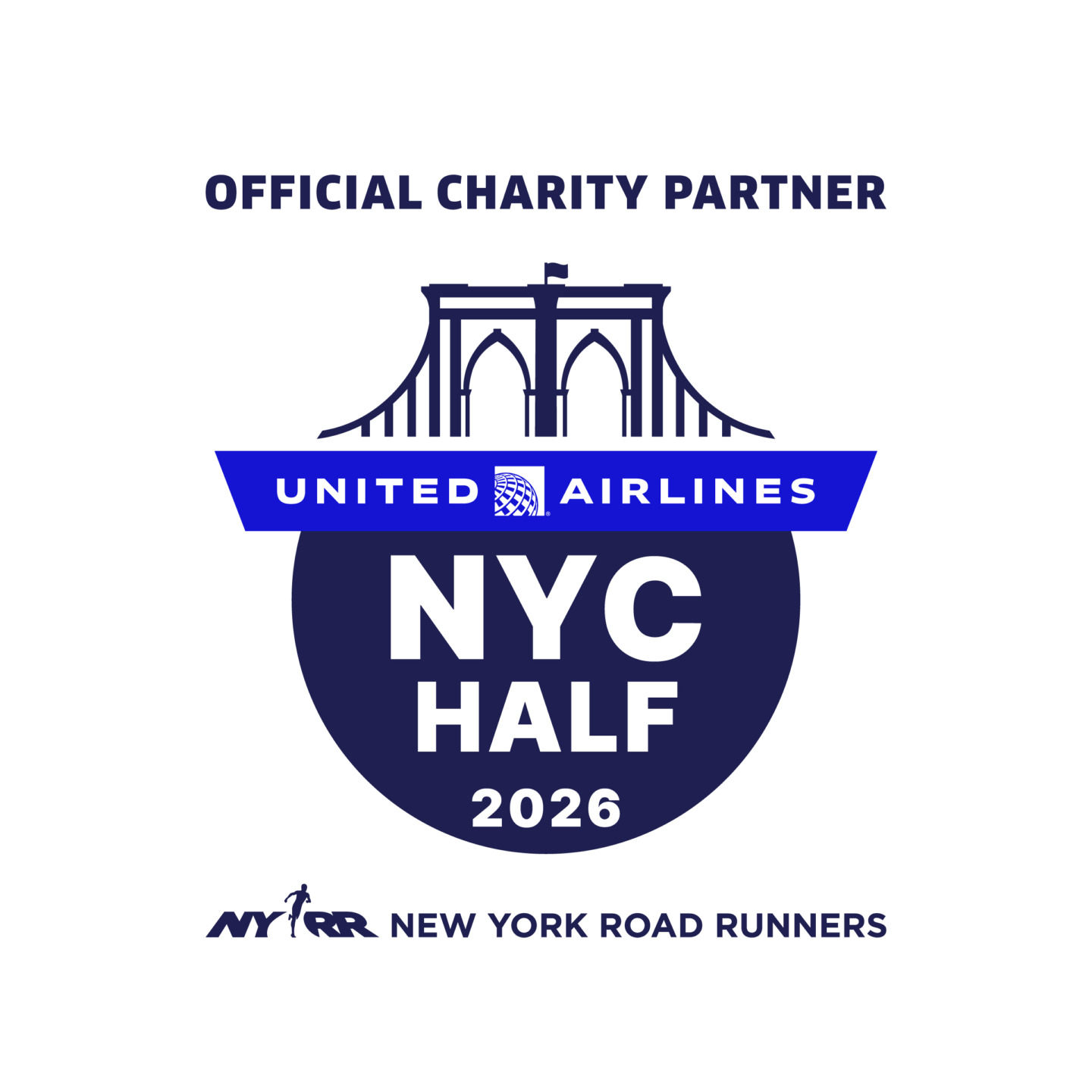 Logo for United Airlines NYC Half 2026, Official Charity Partner, New York Road Runners, features a bridge illustration.