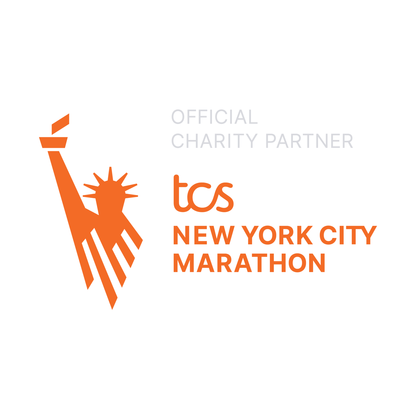 NYC Marathon logo featuring Statue of Liberty design and text: Official Charity Partner, TCS New York City Marathon.