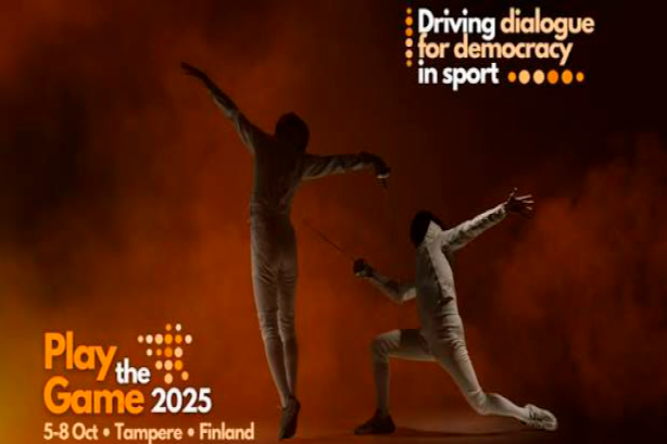 Two fencers engaged in a duel with text: "Driving dialogue for democracy in sport. Play the Game 2025, 5-8 Oct, Tampere, Finland."